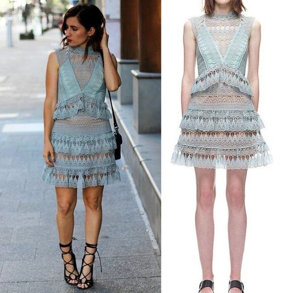 Boutique Unbranded Mini Dress Sleeveless High Neck Lace Ruffle Sage Mint Blue - Picture 1 of 7